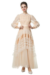 Eliana Embroidered Sequin Mesh Maxi Dress In Apricot
